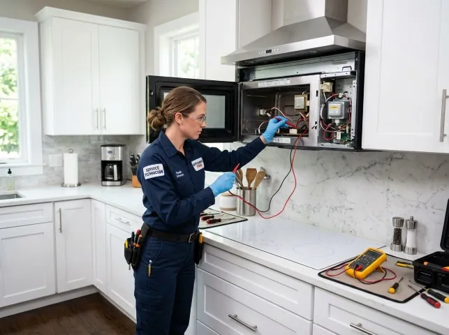 Appliance Repair Hero technician testing an over-the-range microwave in a Bloomfield, CT kitchen